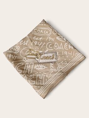 Coach Poppy Beige Logo Print 100% Silk Scarf W/Script Tag & XL Hangtag